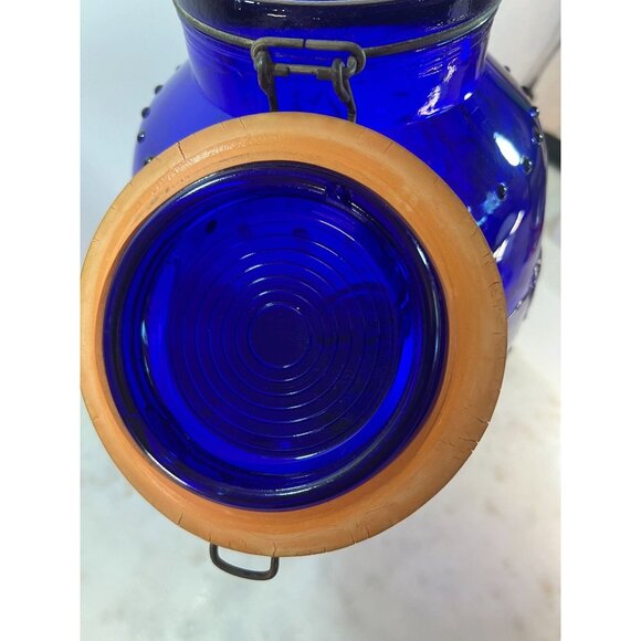 Vtg Italian Embossed Cobalt Blue Glass Jar Hinged Lid Tells a story of a farmer - Picture 9 of 10